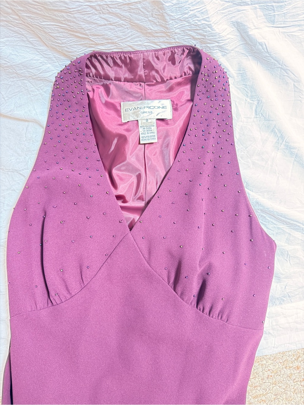 Evan Picone Mauve One-Shoulder Evening Dress with Rhinestones